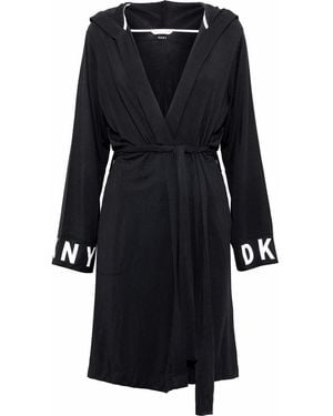 DKNY Printed Stretch-Modal Hooded Robe - Black