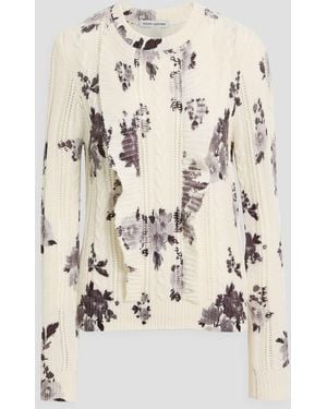 Autumn Cashmere Ruffled Floral-Print Pointelle And Cable-Knit Cashmere Sweater - Natural