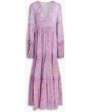 byTiMo Macramé-trimmed Floral-print Georgette Maxi Dress - Purple