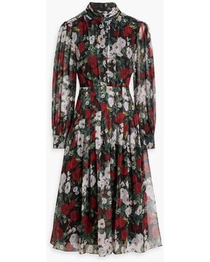 Mikael Aghal Pleated Floral-Print Chiffon Midi Dress - Black