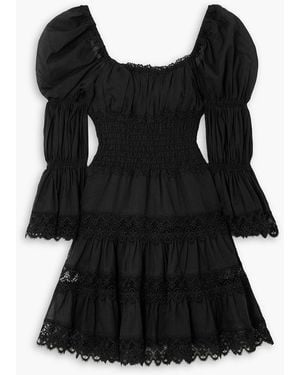 Charo Ruiz Nadia Shirred Guipure Lace-trimmed Cotton-blend Voile Mini Dress - Black