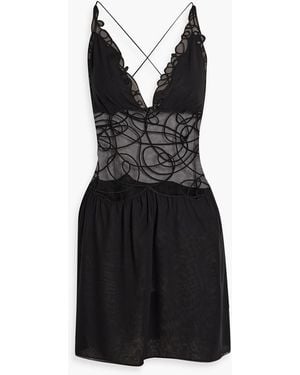 Tom Ford Embroidered Tulle-Paneled Silk-Chiffon Mini Dress - Black