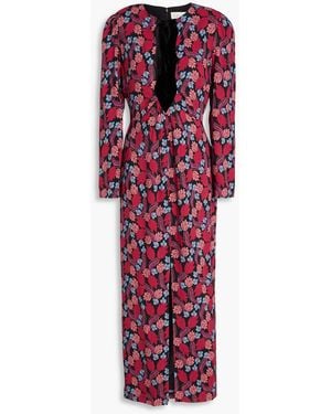 Saloni Jinx Velvet-Trimmed Cutout Printed Cady Midi Dress - Red
