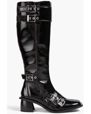 Ganni Buckled Crinkled Glossed Knee Boots - Black