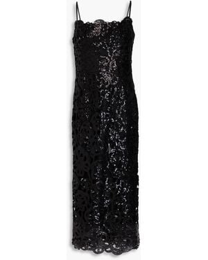 Marchesa Sequined Guipure Lace Midi Dress - Black