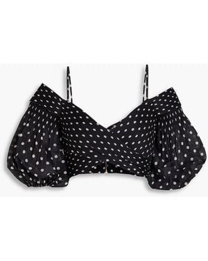 Zimmermann Cropped Cold-shoulder Pleated Polka-dot Organza Top - Black