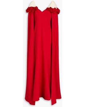 Marchesa Tulle-paneled Cape-effect Stretch-crepe Gown - Red