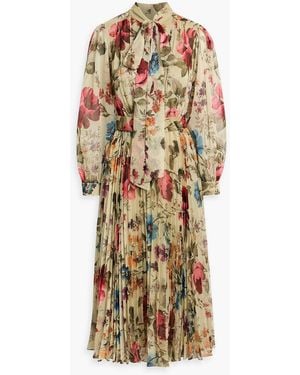 Mikael Aghal Pussy-Bow Pleated Floral-Print Georgette Midi Dress - Metallic
