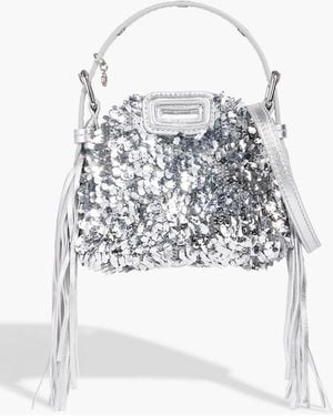 Maje Fringed Leather-Trimmed Embellished Chenille Tote - Gray