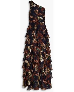 Mikael Aghal One-shoulder Tiered Floral-print Devoré-satin Gown - Blue