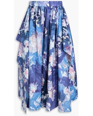 Erdem Draped Floral-print Cotton-poplin Midi Skirt - Blue