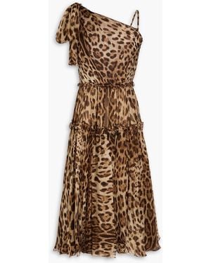 Dolce & Gabbana Midikleid aus seidenchiffon mit leopardenprint, schleife und asymmetrischer schulterpartie - Natur