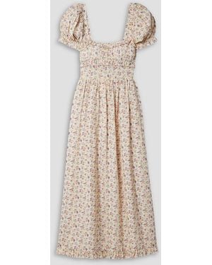 Doen Gia Ruffled Floral-print Organic Cotton-blend Voile Midi Dress - Natural