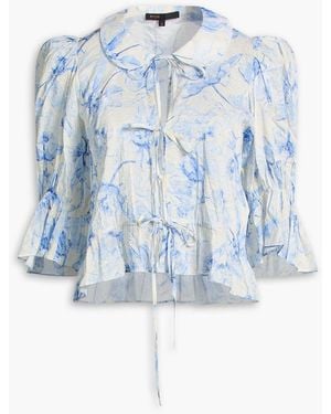 Maje Tie-Detailed Floral-Print Linen-Blend Top - Blue