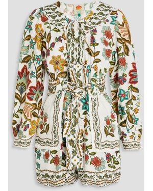 FARM Rio Belted Floral-print Linen-blend Playsuit - White