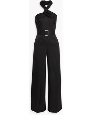 Halston Jumpsuit mit weitem bein aus glänzendem crêpe mit kristallverzierung - Schwarz