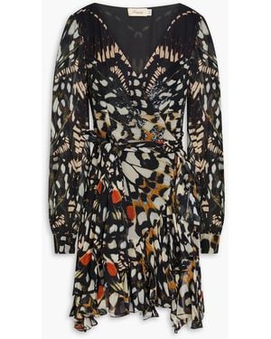 Temperley London Emperor Printed Silk-Chiffon Mini Wrap Dress - Black