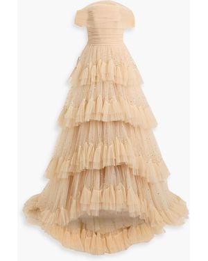 Jenny Packham Queenie Off-the-shoulder Tiered Embellished Tulle Gown - Natural