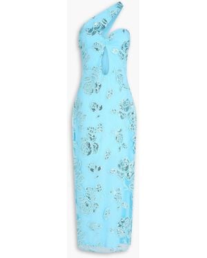 ROTATE BIRGER CHRISTENSEN One-Shoulder Embellished Cutout Tulle Maxi Dress - Blue