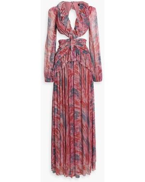 PATBO Twist Cutout Metallic Printed Mesh Maxi Dress - Red