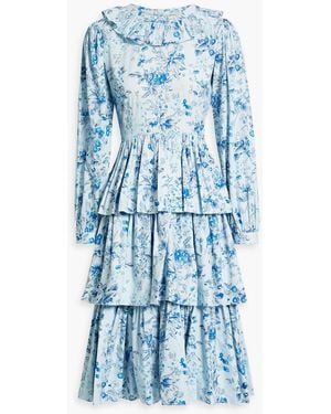 BATSHEVA Welsh gestuftes kleid aus baumwollpopeline mit floralem print - Blau