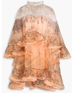 Zimmermann Faux Pearl-Embellished Ruffled Paisley-Print Silk-Chiffon Mini Dress - Orange