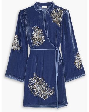 RIXO London Gena Embellished Velvet Mini Wrap Dress - Blue