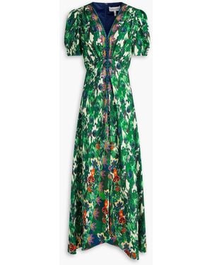 Saloni Lea Embroidered Printed Silk-Satin Jacquard Maxi Dress - Natural