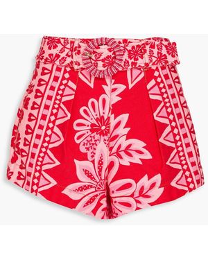 FARM Rio Belted Floral-Print Cotton-Twill Shorts - Red