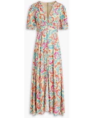 Saloni Lea Smocked Floral-Print Ecovero-Blend Crepe Midi Dress - White