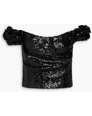 Costarellos Birdie Off-the-shoulder Sequined Floral-appliquéd Tulle Top - Black