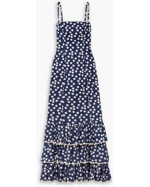 Carolina Herrera Ruffled Pompom-embellished Polka-dot Stretch-cotton Poplin Maxi Dress - Blue