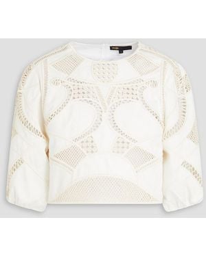 Maje Cropped Macramé-Paneled Cotton-Gabardine Top - Natural