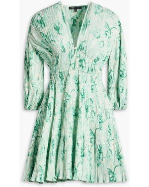 Maje Floral-print Plissé-satin Mini Dress - Green