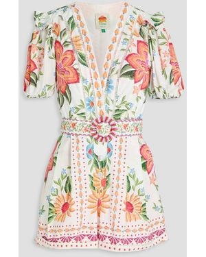 FARM Rio Belted Printed Cotton Playsuit - White