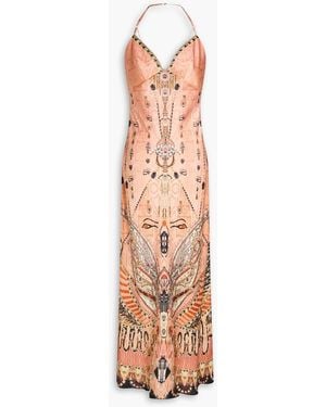 CAMILLA Embellished Printed Silk-Satin Midi Dress - Orange