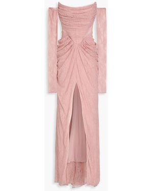 Rhea Costa Off-the-shoulder Draped Corded Lace Gown - Pink