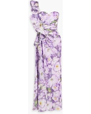 Badgley Mischka One-Shoulder Ruffled Floral-Print Crepon Maxi Dress - Purple