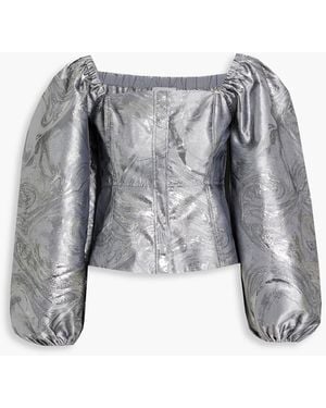Ganni Gathered Brocade Peplum Top - Gray