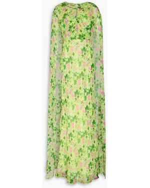 Saloni Claudia Cape-effect Floral-print Silk-chiffon Gown - Green