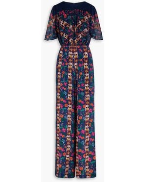 Saloni Pintucked Floral-print Silk-chiffon Wide-leg Jumpsuit - Blue