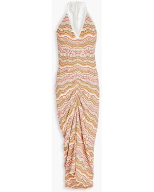 Veronica Beard Armelle Striped Pointelle-knit Halterneck Midi Dress - White