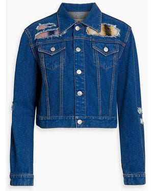 Marni Cropped Knit-Trimmed Distressed Denim Jacket - Blue