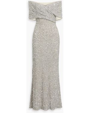 Badgley Mischka Off-The-Shoulder Draped Sequined Mesh Gown - Grey