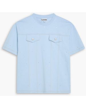 Ganni Crystal-Embellished Embroidered Cotton-Jersey T-Shirt - Blue