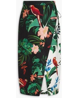 FARM Rio Floral-print Linen-blend Midi Wrap Skirt - Green