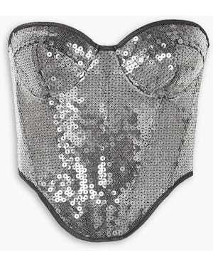 David Koma Strapless Satin-trimmed Sequined Tulle Bustier Top - Gray