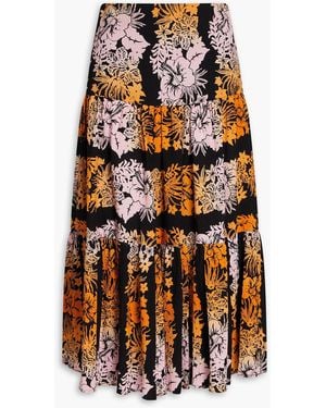 Sandro Gathered Floral-print Cotton-blend Seersucker Midi Skirt - Orange