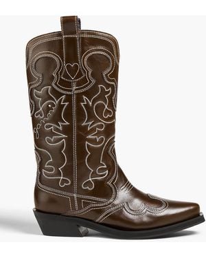 Ganni Embroidered Cowboy Boots - Brown