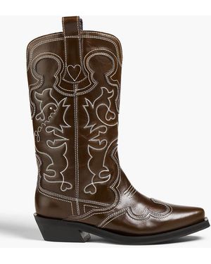 Ganni Embroidered Cowboy Boots - Brown